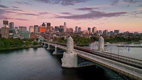Red Line MBTA Train Against Boston Skyline