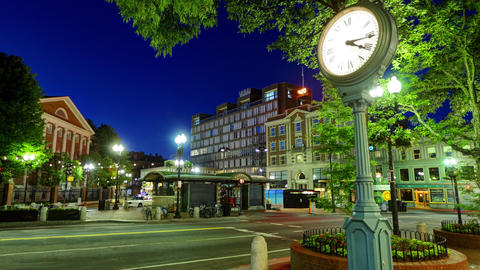 Harvard Square lit up at night