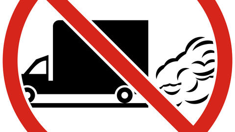 A truck emitting fumes crossed out