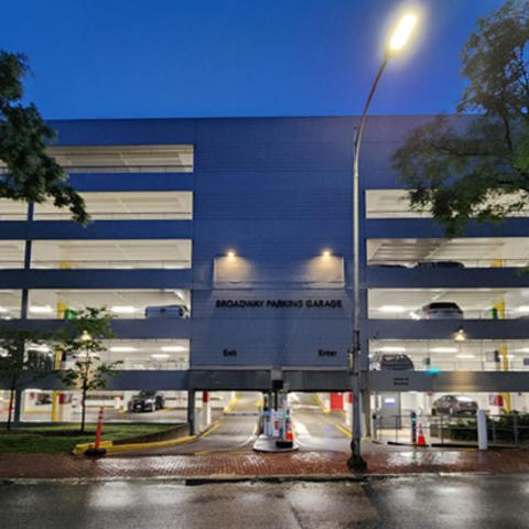 Broadway Garage illuminated at night