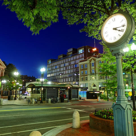 Harvard Square lit up at night